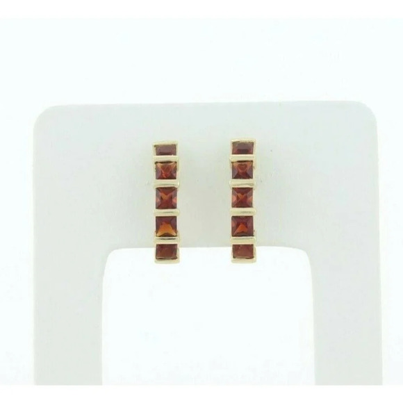 14k Yellow Gold Natural Garnet Earrings J Hoop Half Hoop Earrings - Picture 4 of 9